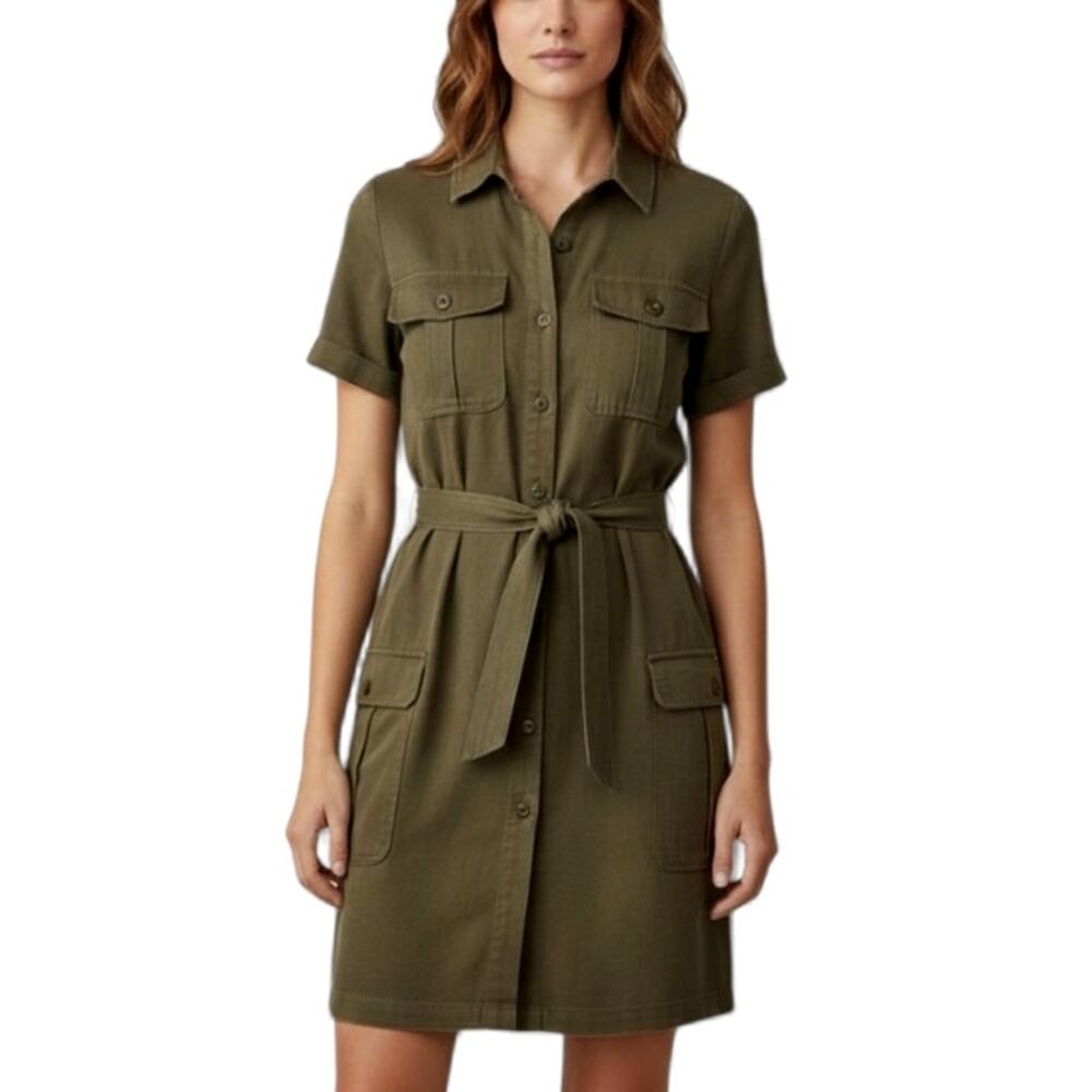 L.L. Bean Cargo Utility Mini Dress Army Green Button Front Short Sleeve 12